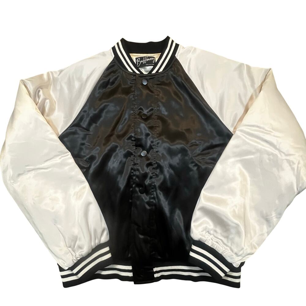 Buffbunny Collection Satin Varsity Bomber Jacket Quilted Black White Women‎ XL